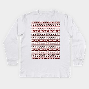 Dark Christmas Candy Apple Red Nordic Reindeer Stripe in White Kids Long Sleeve T-Shirt